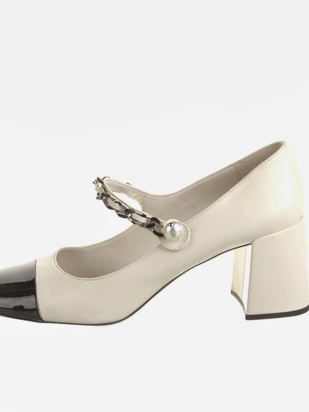 Miu Miu Two-Tone Patent Leather Pearl Chain Heels Cream & Black EU 37.5